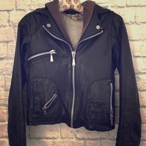 Doma black real leather hooded Moto jacket